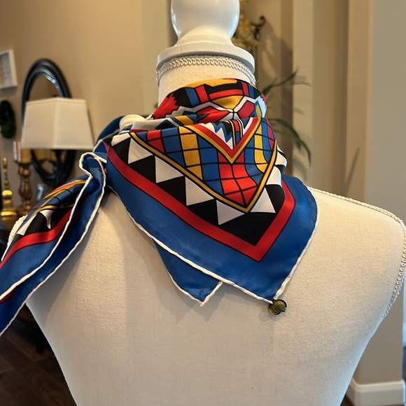 Tribal Print Multicolor Geometric Silk Square Scarf Vibrant Abstract Bold - Picture 8 of 11